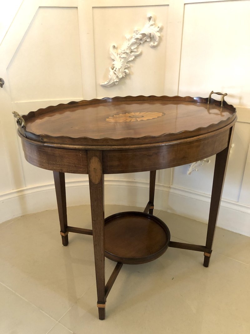 Antique Edwardian Inlaid Mahogany Oval Tray Table - Image 2